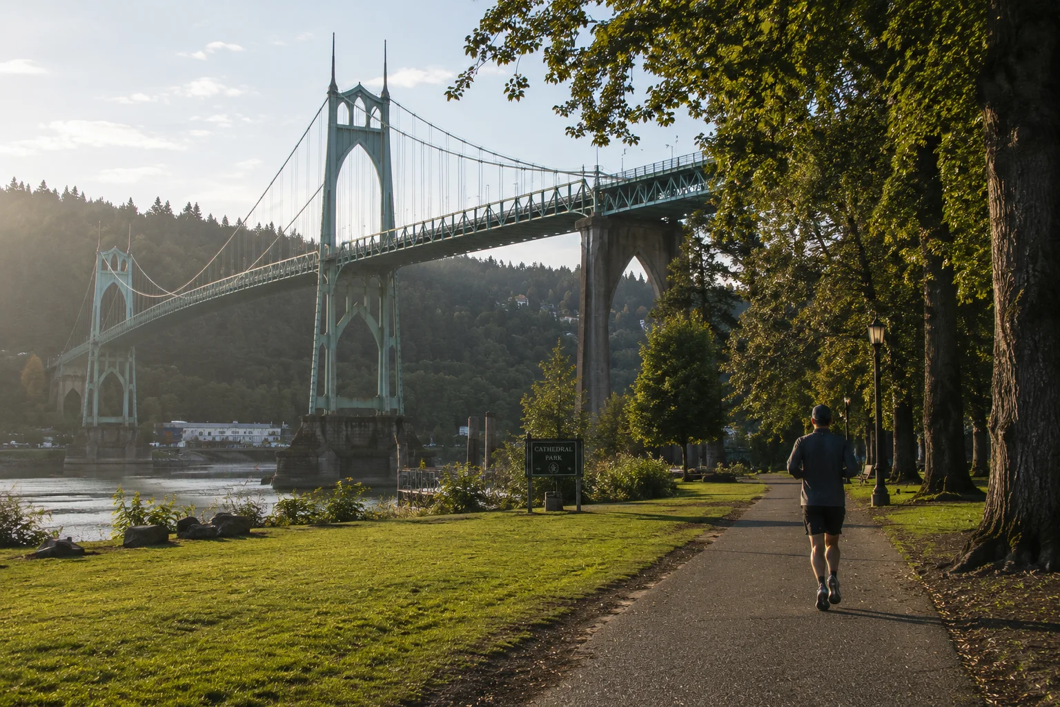 Runner on the Cathedral Park path beneath the St. Johns Bridge in Portland