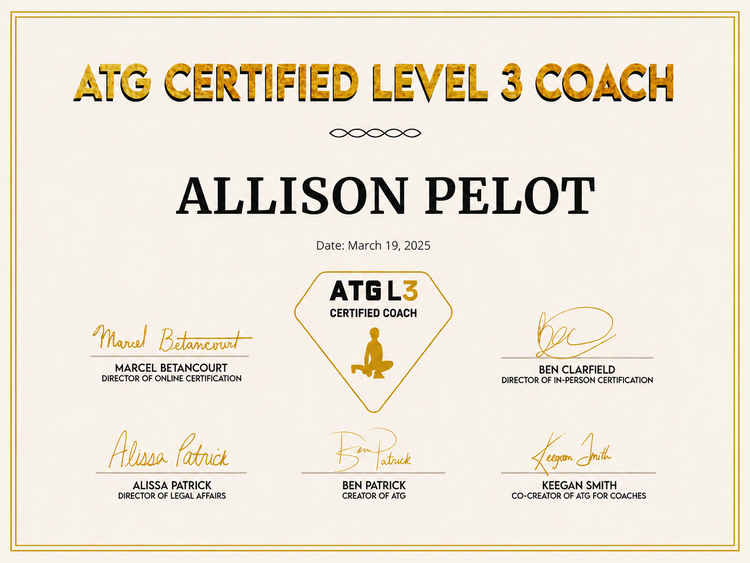 ATG Certified Level 3 Coach certificate for Allison Pelot