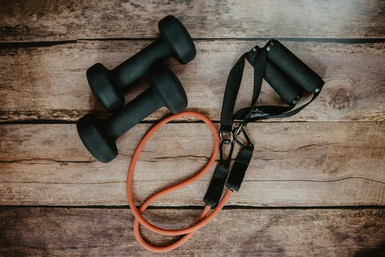 Training equipment on a wood floor
